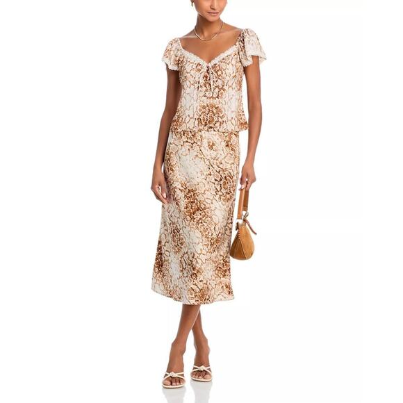 69$ WAYF Melissa Lace Trim Sweetheart Crop Top Flutter Sleeves Size M Brown Pyth - Picture 2 of 4